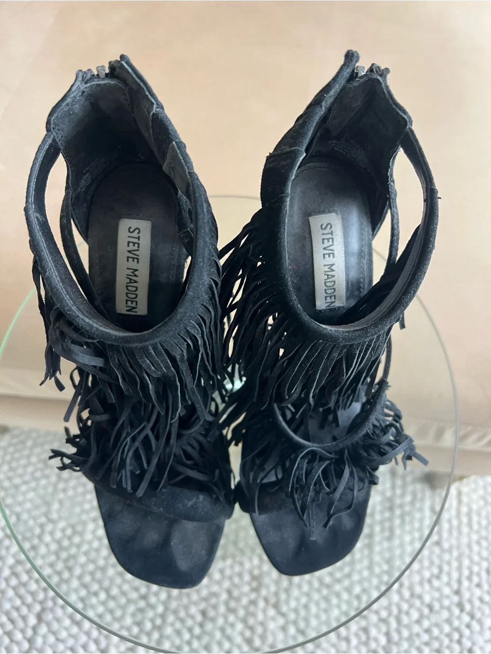 Steve Madden Fringly Fringe Heels Black Suede Stilettos Size 7.5